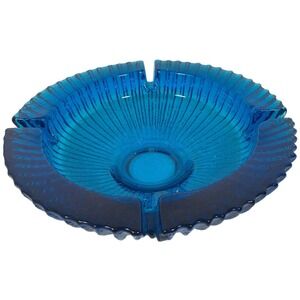 Blenko Label Mid Century Chunky Blue Sun Burst 4 Slot Ashtray 8.75 Inch Vintage